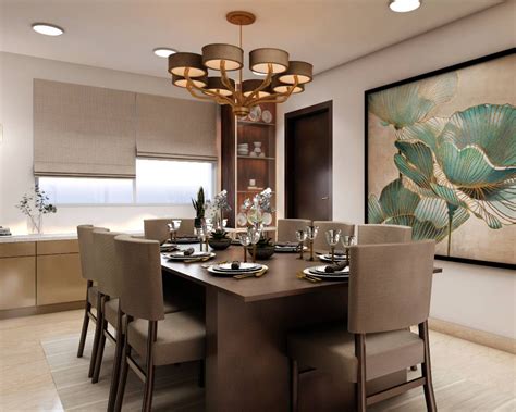 Spacious Dining Hall Design With Brown Upholstered Chairs | Livspace