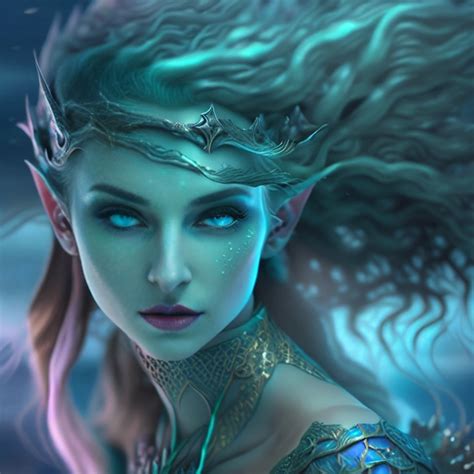 Underwater, elf, female, teal skin, blue eyes, swimming, long ears, fantasy art, fish scales ...