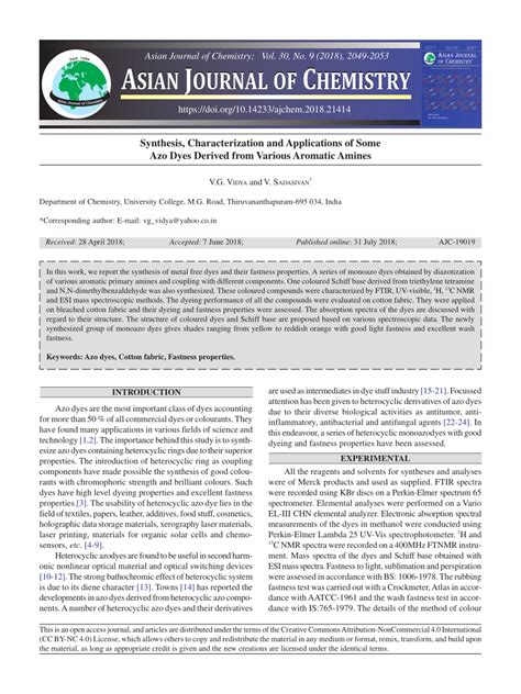 (PDF) Synthesis, Characterization and Applications of Some Azo Dyes ...