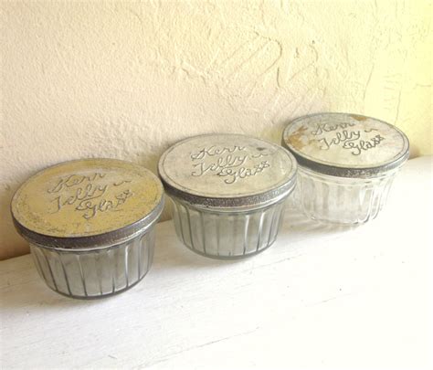 Three Antique Kerr Jelly Glass Jars with Metal Lids Canning