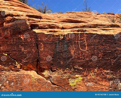 Petroglyphs on the Rock Canyon Wall in Snow Canyon State Park in Utah Stock Photo - Image of ...