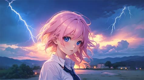 Premium AI Image | Kawaii anime girl and thunder background for desktop ...