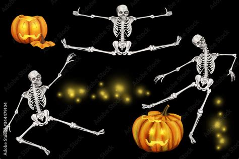 Jack Halloween cartoon pumpkins lamps and dancing skeleton. Colorful clip art set isolated Stock ...