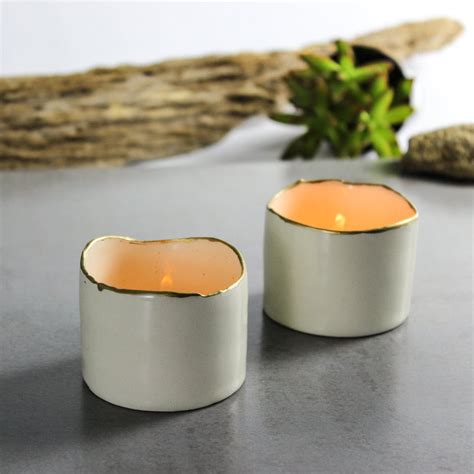 Ceramic candle holder Set of two love White with gold line