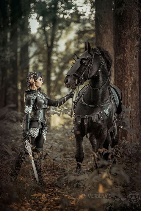 black knight black horse fresian horse rider armor nazgul chaos leather armor female warrior ...