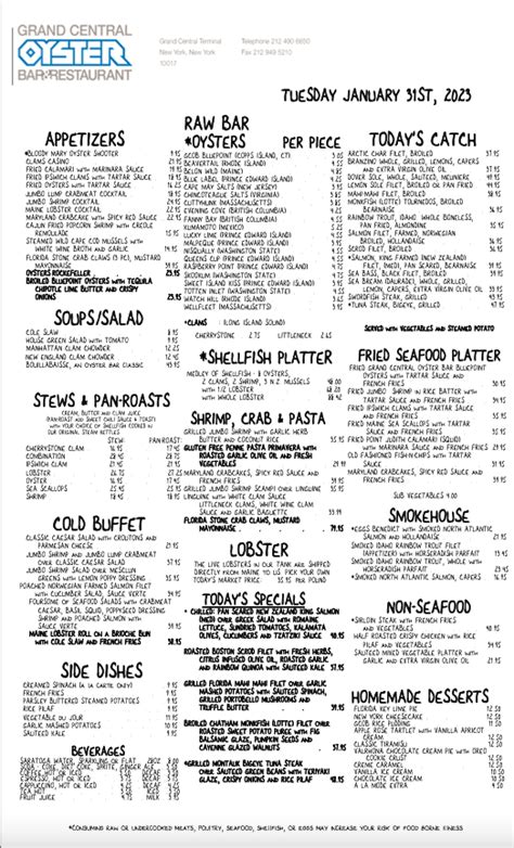 Oyster Bar menu - Westfair Communications