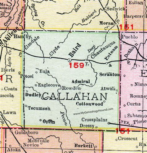 Callahan County, Texas, Map, 1911, Baird, Clyde, Putnam, Cross Plains ...