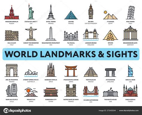 International Landmarks Sights World Travel Tourism Sightseeing Vector ...