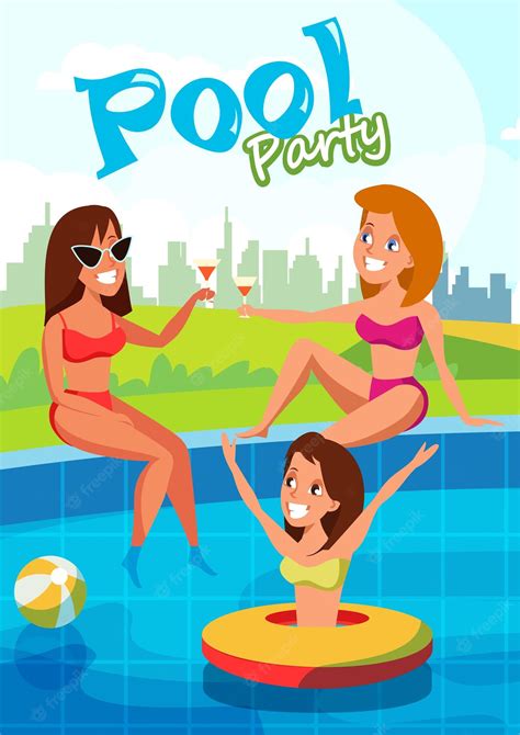 Free Vector | Pool party banner concept happy friends in swimwear cartoon characters young women ...