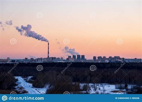 Pollution of Environment and Air in Cities. Smoking Industrial Zone Factory Chimneys. Stock ...