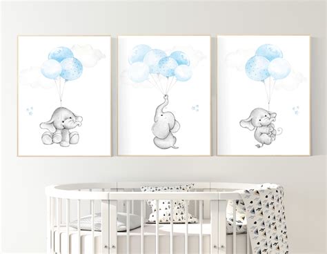 Blue nursery decor, elephant nursery wall art, nursery decor boy elephant, animal prints, baby ...