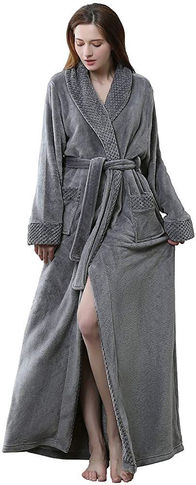 Artfasion Womens Long Fleece Robe - Warm Soft Floor Length Flannel Bathrobes for Winter Thicker ...