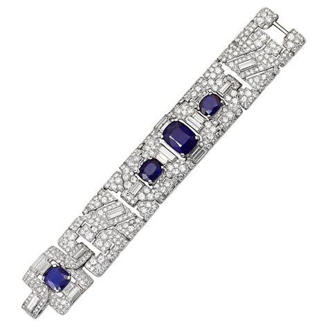 Cartier Magnificent Art Deco Sapphire Diamond Platinum Link Bracelet For Sale at 1stdibs