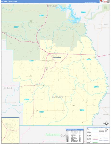 Butler County, MO Zip Code Wall Map Basic Style by MarketMAPS - MapSales