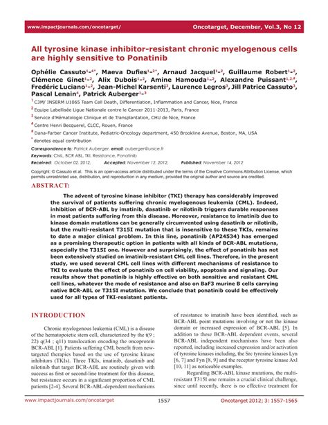 (PDF) All tyrosine kinase inhibitor-resistant chronic myelogenous cells are highly sensitive to ...