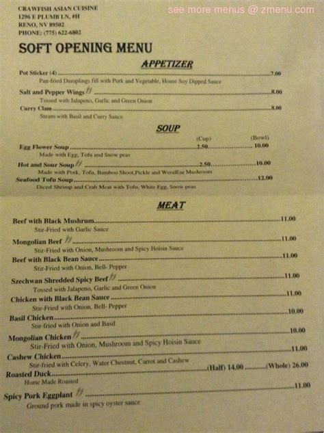 Menu at Crawfish Asian Cuisine restaurant, Reno