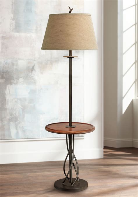 Franklin Iron Works Rustic Floor Lamp with Table Wood Twisted Iron Base Linen Empire Shade for ...