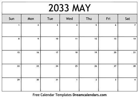 May 2033 Calendar - Free Printable with Holidays and Observances