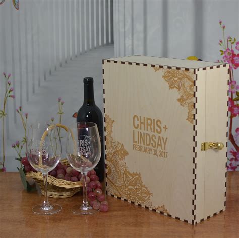 Ceremony Wedding Wood Wine Gift Box with 2 Personalized 16 Oz Crystal ...