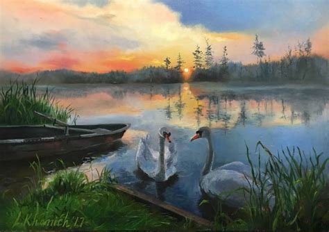 White Swans at a lake, Original oil painting, Realistic Landscape ...