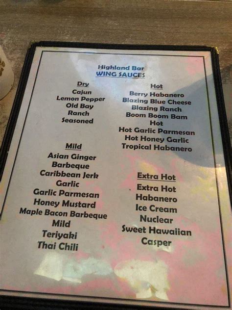 Menu at Highland Bar, Pittsburgh