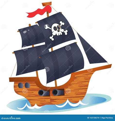 Color Image of Cartoon Pirate Ship on a White Background. Sailboat with Black Sails with Skull ...