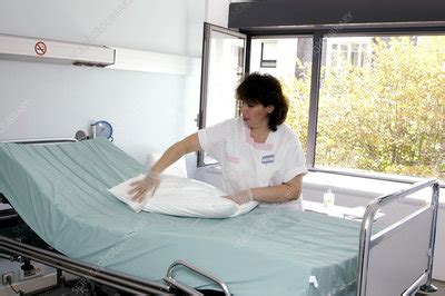 Cleaning hospital bed - Stock Image - M540/0471 - Science Photo Library