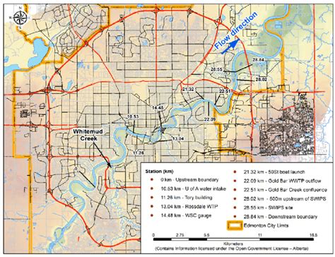 Map of the study reach; the North Saskatchewan River through Edmonton ...