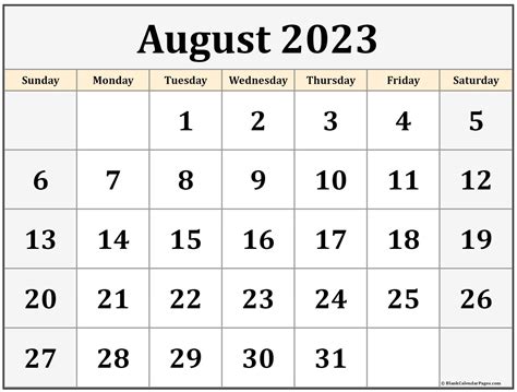 August 2023 Calendar Printable Free PDF