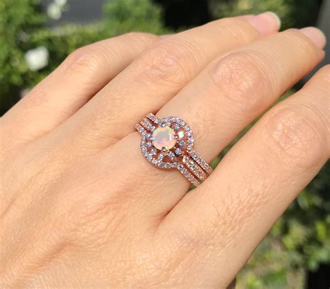 Rose Gold Opal Engagement Ring Set Genuine Opal Engagement | Etsy