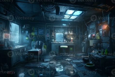 Futuristic guy room in cyberpunk dystopia concept art illustration ...