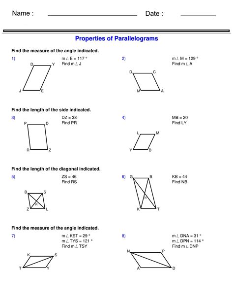 Properties of Parallelograms - Quadrilaterals and Polygons Worksheets ...