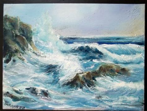 an oil painting of waves crashing on rocks