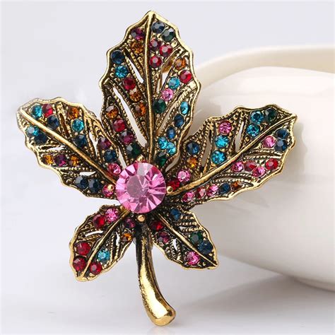 Trendy Men Vintage Jewelry MultiColor Crystal Maple Leaf Style Brooches ...