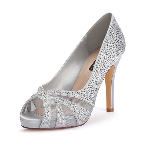 ERIJUNOR Women High Heel Peep Toe Rhinestones Satin Bridal Wedding Shoes