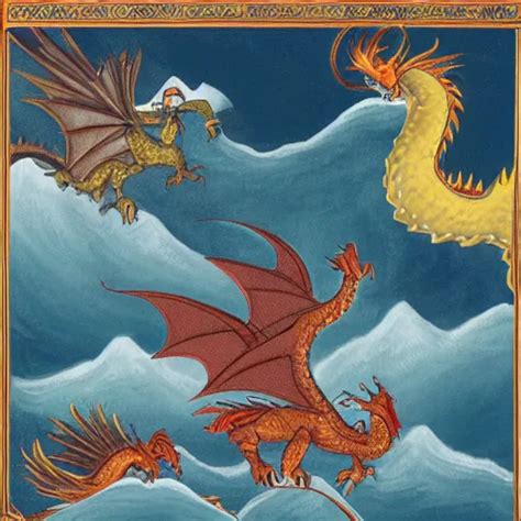 Dragons and phoenixes hover between mountains and | Stable Diffusion ...