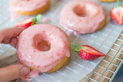 Fresh Strawberry Glazed Baked Doughnuts - Fifteen Spatulas