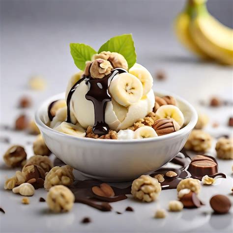 Premium AI Image | banana with ice cream with cream nuts and sugar crumbs AI