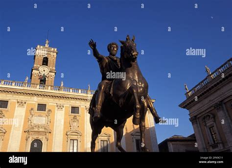 Equestrian statue of Emperor Marcus Aurelius and Campidoglio, Piazza del Campidoglio, Rome ...