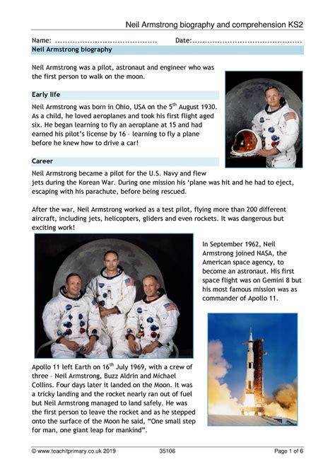 Neil Armstrong biography and comprehension KS2 | KS2 Earth and space ...