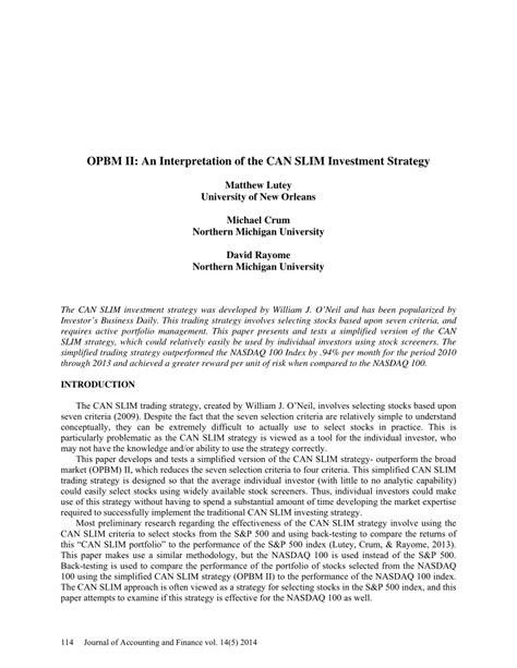 (PDF) OPBM II: An Interpretation of the CAN SLIM Investment Strategy