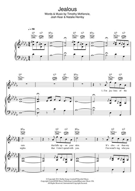 Chord Jealous / Ritter - Jealous Heart sheet music for voice, piano or guitar / Chord kunci ...