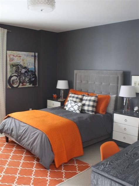 20+ Modern Grey Bedroom Decorating Ideas For Men | Orange bedroom decor ...