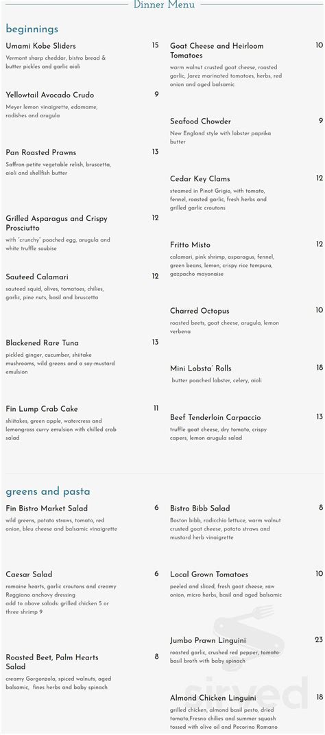 Fin Bistro menu in Marco Island, Florida, USA