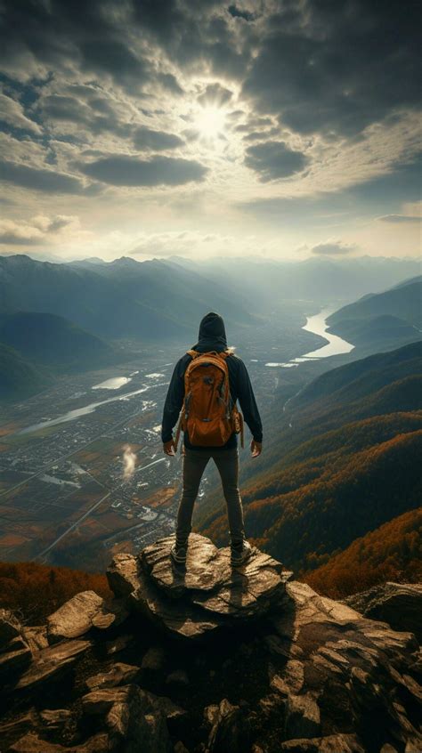 successful man hiker enjoy the view on mountain top Vertical Mobile Wallpaper AI Generated ...