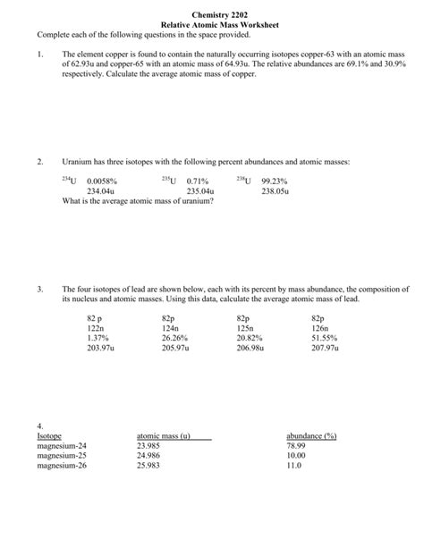 Chemistry 2202 Relative Atomic Mass Worksheet Complete each of