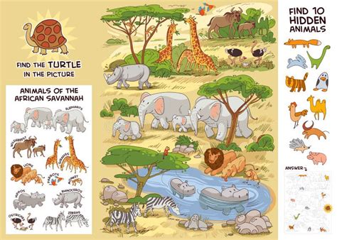 Animals of the African Savannah. Puzzle Hidden Items Stock Vector ...