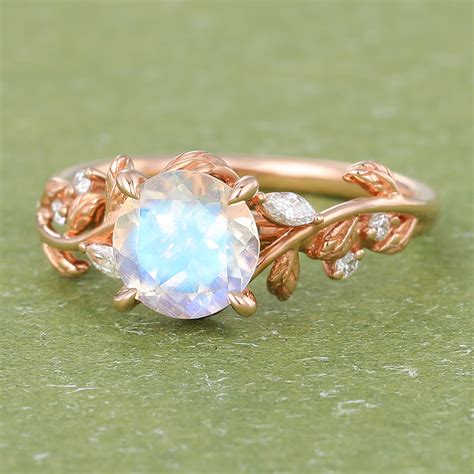 14K Rose Gold Moonstone Engagement Ring Leaf Ring Bridal Anniversary ...