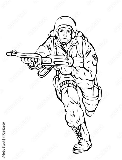 Cartoon Army Soldier Running with Gun Drawing Vector Stock Vector ...