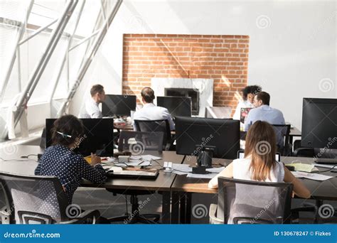 Office Workers Using Computers Working at Modern Big Open Space Stock ...